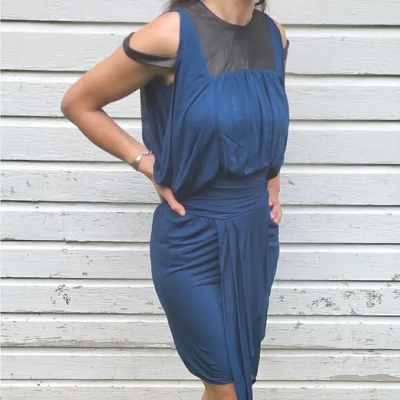 Yigal Azrouel Draped Leather Trim Cold Shoulder Designer Dress Blue 2 - Picture 2 of 13